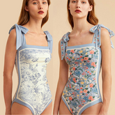 Vintage Floral Print One-Piece Triangle Micro Bikinis Sexy Swimsuit Pink Swimwear Women With Cover Up Summer Beach 2022 Luxury